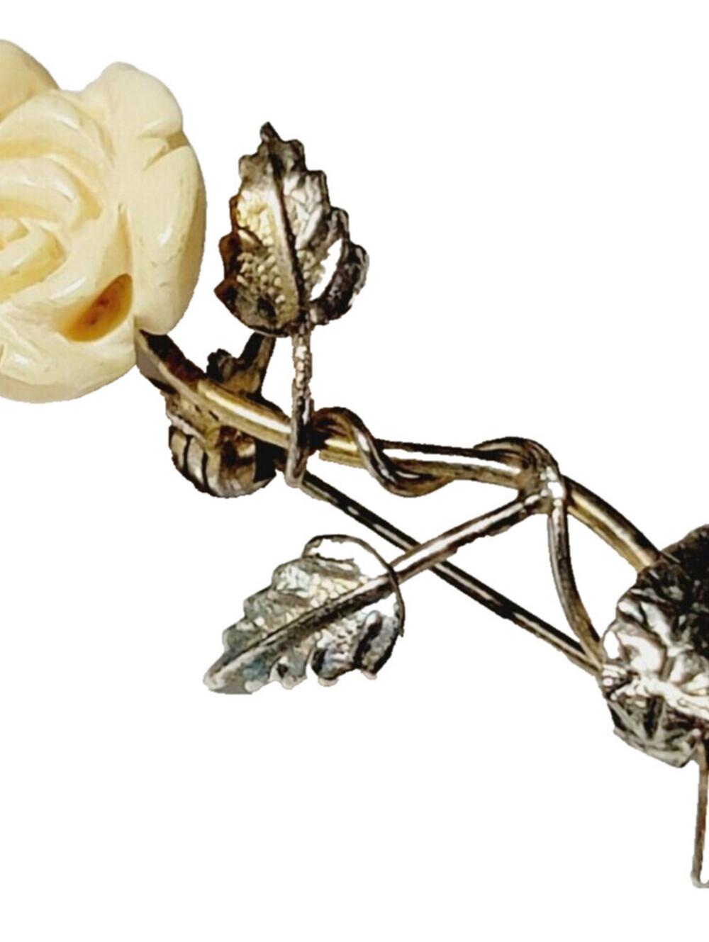Rose Brooch Pin, Vintage Brassy Silver-Gold-tone Carved Organic Vintage fb1-1